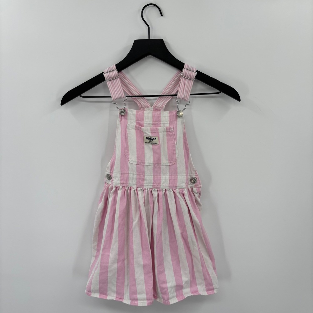 OshKosh B'gosh Overall Dress Kids 5T Pink White Striped Denim Hickory Preppy